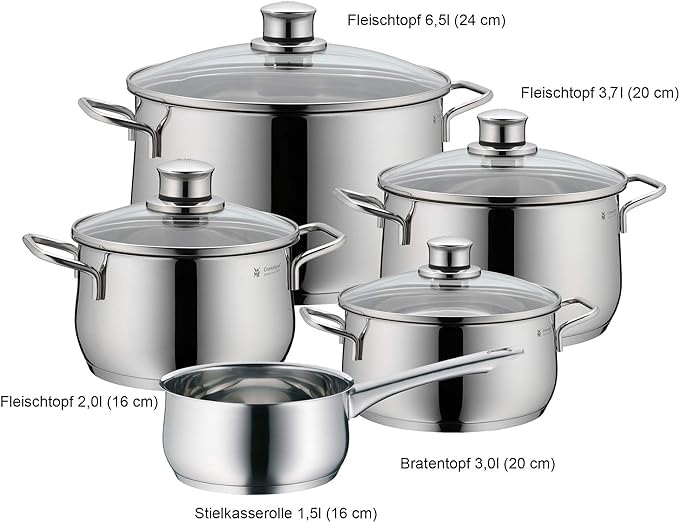 WMF Diadem Plus Batería de Cocina 5 Piezas, Acero Inoxidable, Inducción, Cacerolas 16/20/24 cm, Cacerola baja 20 cm, Cazo 16 cm con 4 Tapas Cristal