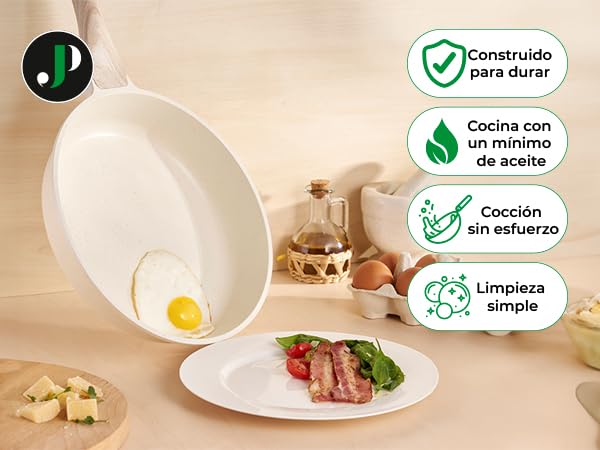 JUST PERFECTO Batería de Cocina 15 Piezas, Inducción y Sartenes Antiadherentes 24/28 cm, Ollas 28 cm, Libre de PTFE y PFOA, Beige