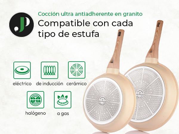 JUST PERFECTO Batería de Cocina 15 Piezas, Inducción y Sartenes Antiadherentes 24/28 cm, Ollas 28 cm, Libre de PTFE y PFOA, Beige