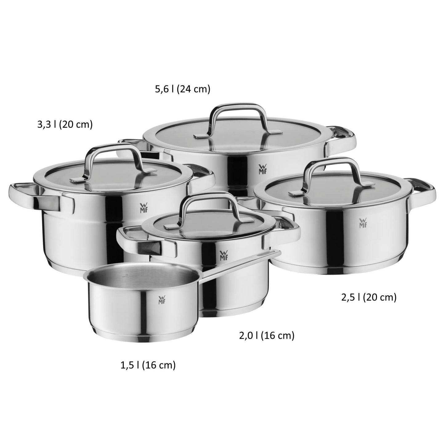 WMF Compact Cuisine Batería de Cocina 5 Piezas, Acero Inoxidable Cromargan Pulido, Inducción, Tapas Cristal, Sin Recubrimiento, Escala Interior
