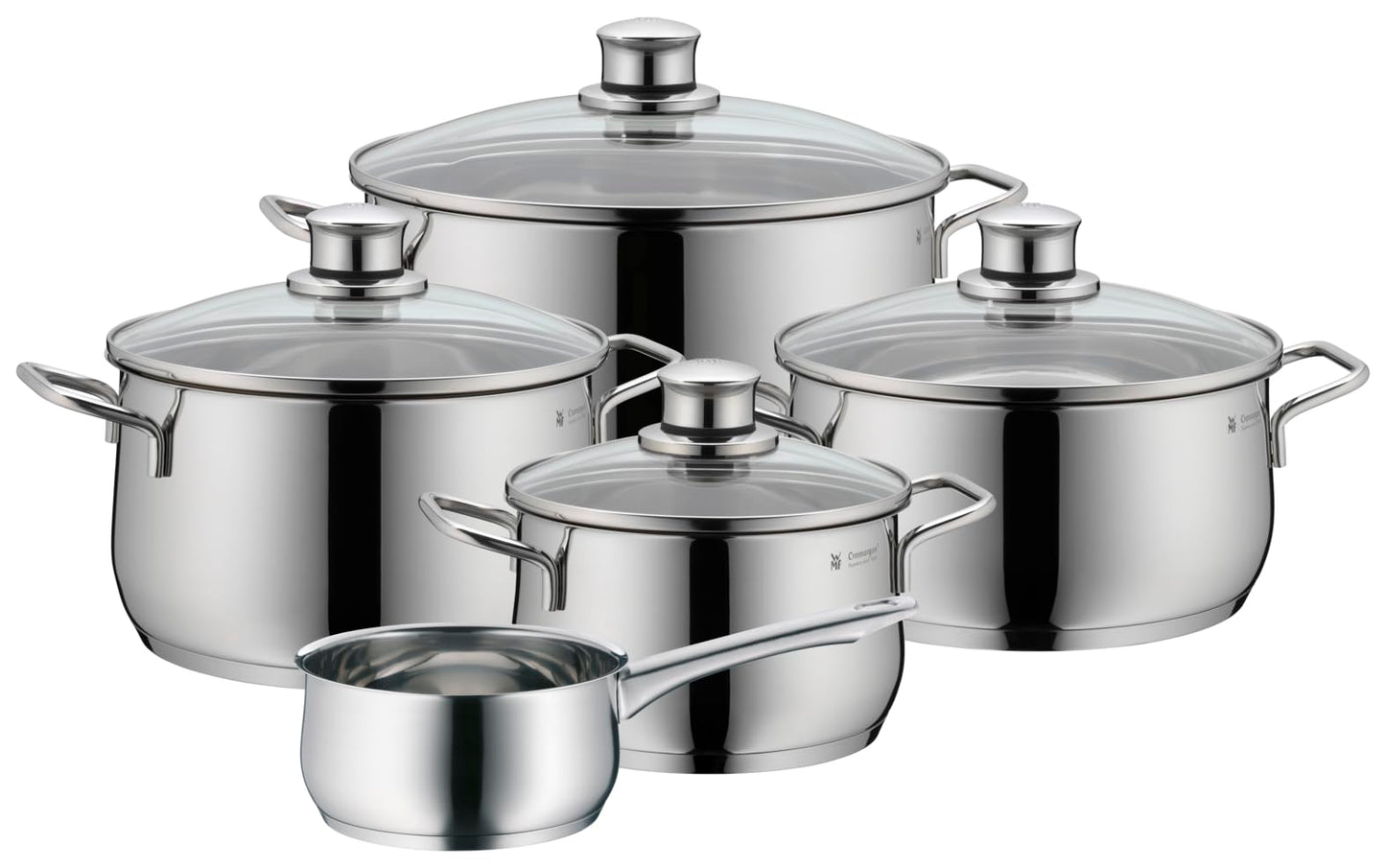 WMF Diadem Plus Batería de Cocina 5 Piezas, Acero Inoxidable, Inducción, Cacerolas 16/20/24 cm, Cacerola baja 20 cm, Cazo 16 cm con 4 Tapas Cristal
