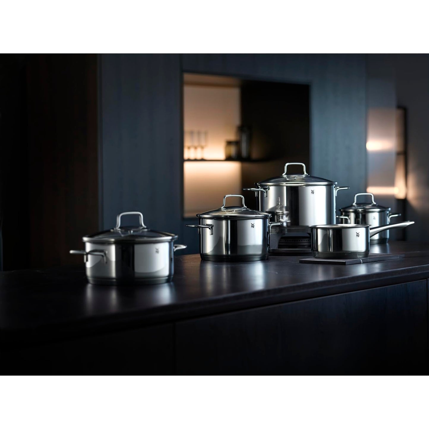 WMF Astoria Batería de Cocina 5 Piezas, Ollas 16/20/24 cm, Olla baja 20 cm, Cazo 16 cm, Acero Inoxidable Cromargan, Apta Inducción