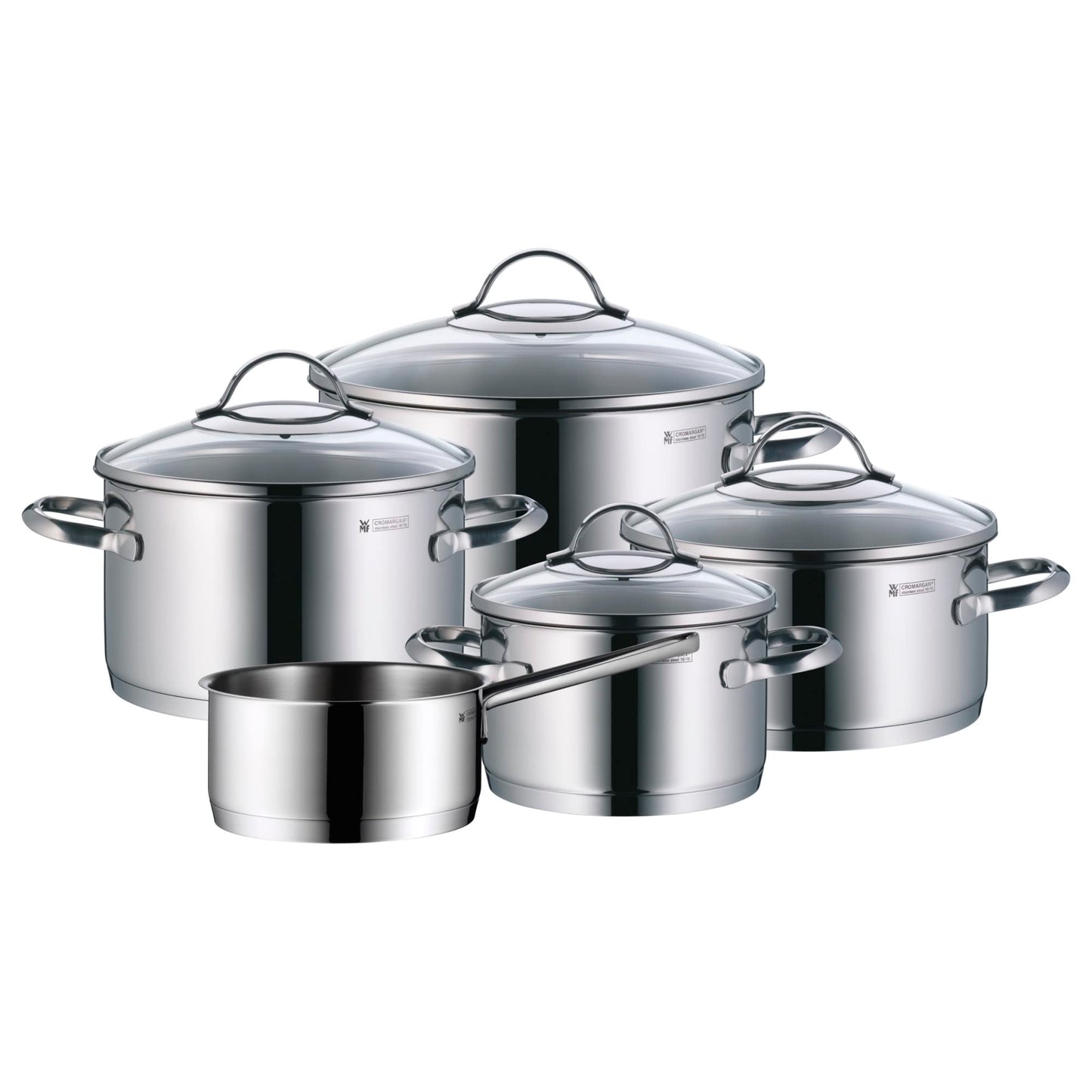 WMF Provence Plus Batería de Cocina 5 Piezas, Acero Inoxidable, Inducción, Cacerolas 16/20/24 cm, Cacerola baja 20 cm, Cazo 16 cm con 4 Tapas Cristal