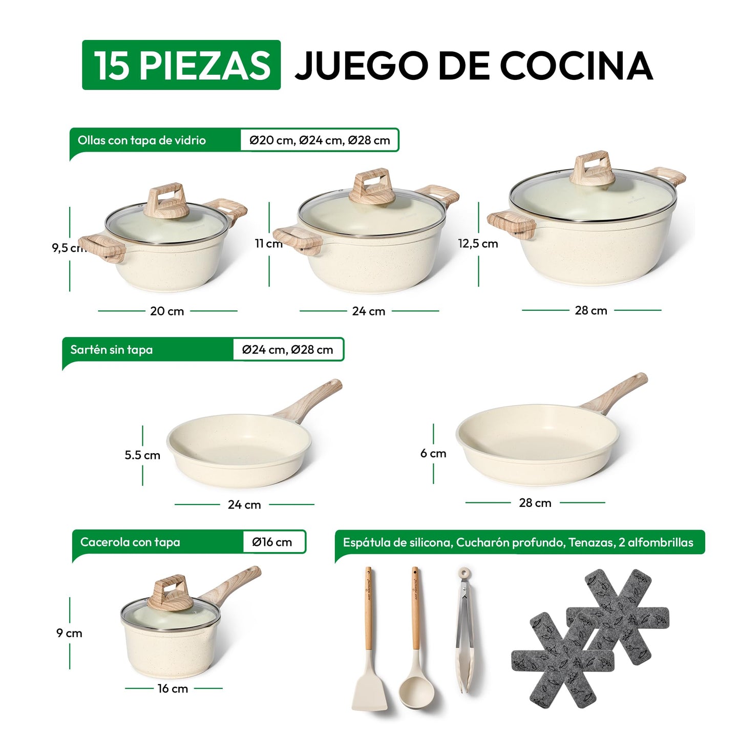 JUST PERFECTO Batería de Cocina 15 Piezas, Inducción y Sartenes Antiadherentes 24/28 cm, Ollas 28 cm, Libre de PTFE y PFOA, Beige