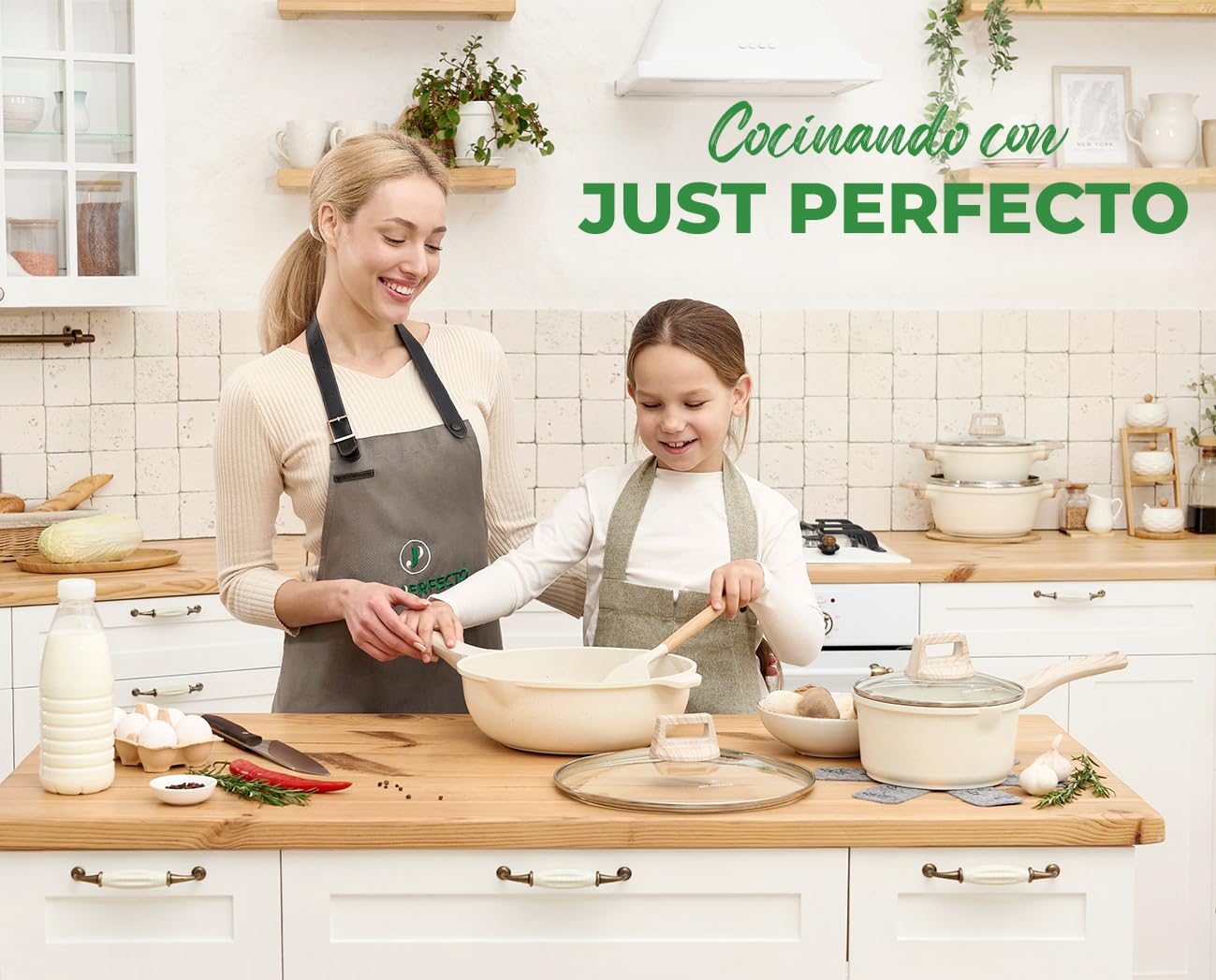 JUST PERFECTO Batería de Cocina 15 Piezas, Inducción y Sartenes Antiadherentes 24/28 cm, Ollas 28 cm, Libre de PTFE y PFOA, Beige