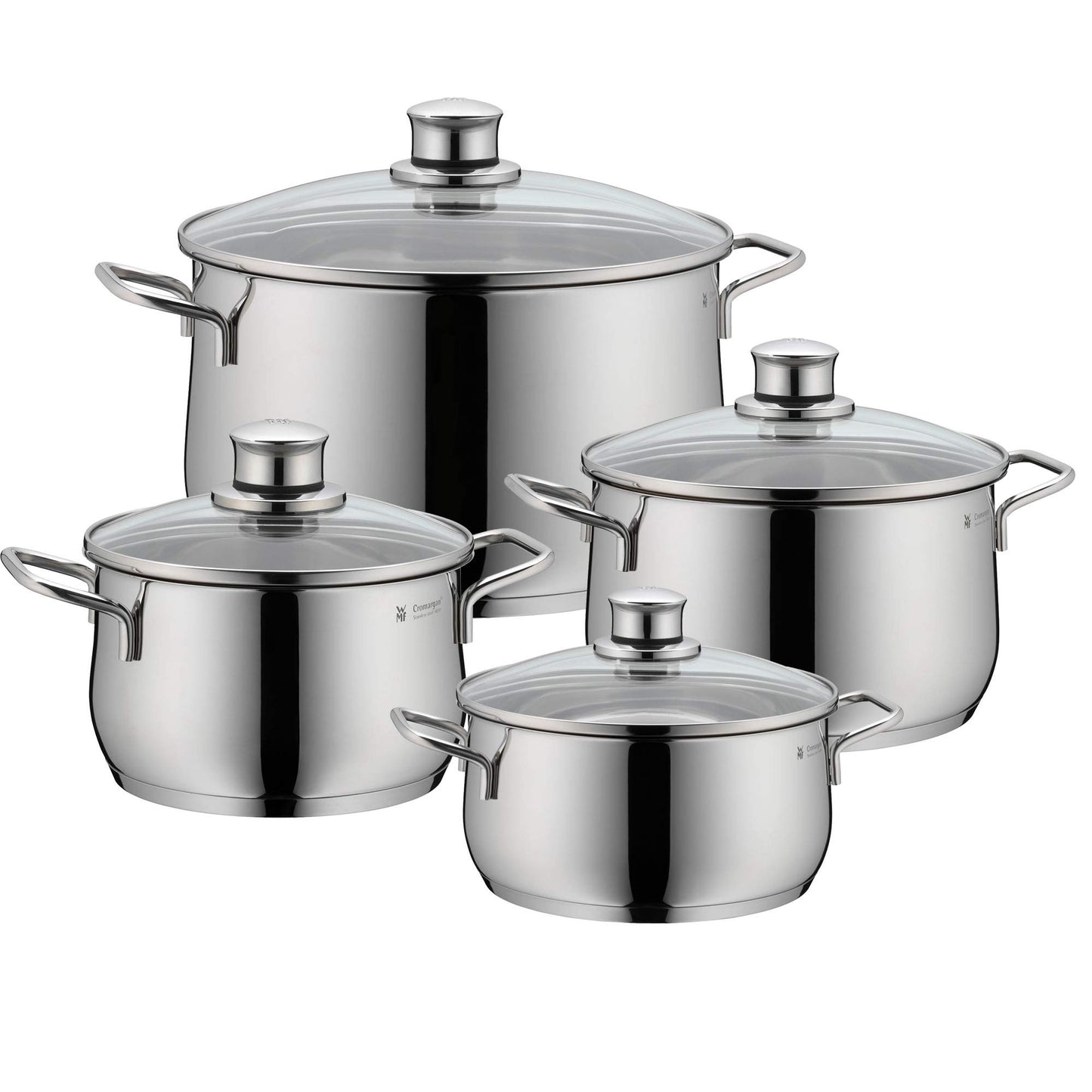 WMF Diadem Plus Batería de Cocina 4 Piezas, Acero Inoxidable, Inducción, Cacerolas 16/20/24 cm, Cacerola baja 20 cm con 4 Tapas de Cristal