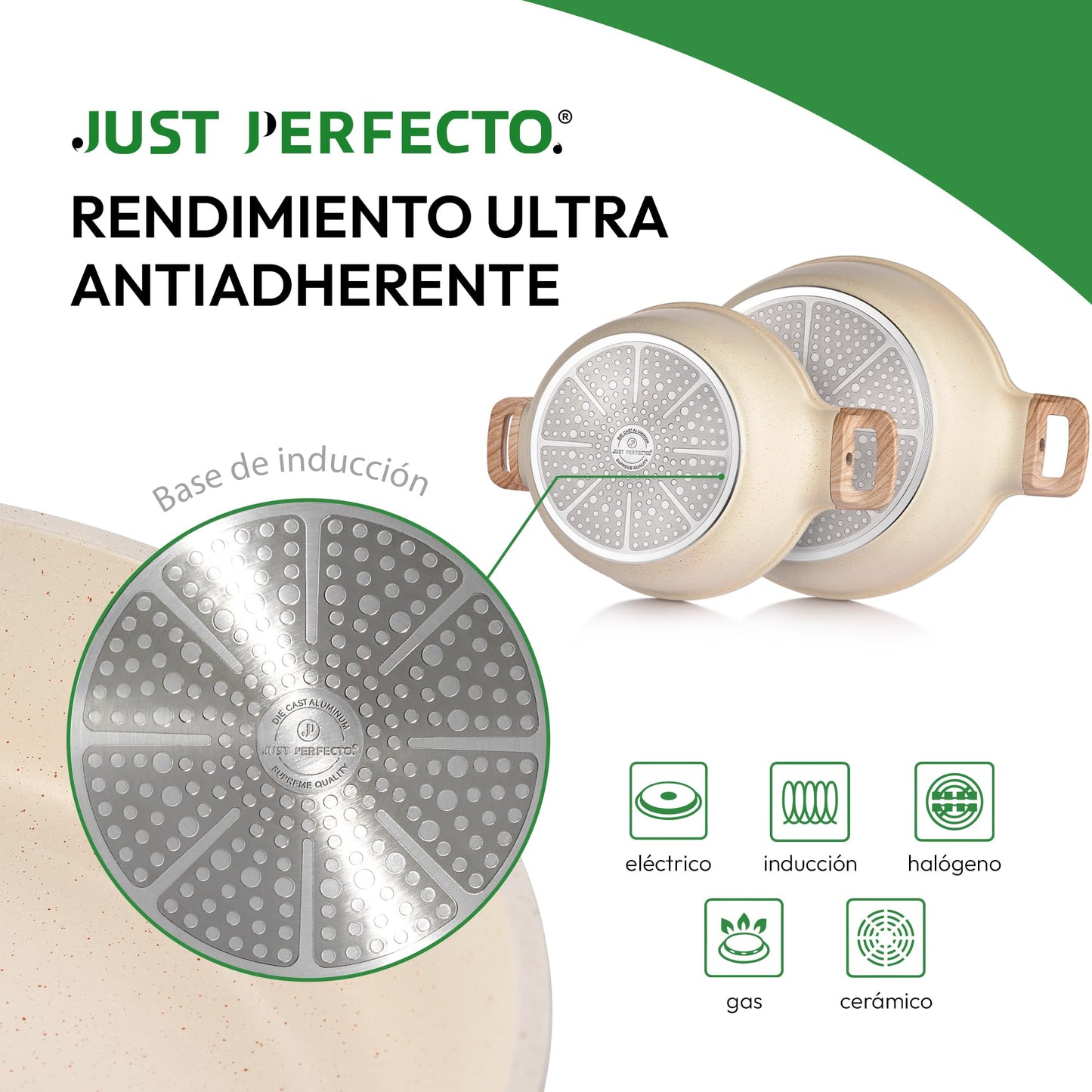 JUST PERFECTO Batería de Cocina 15 Piezas, Inducción y Sartenes Antiadherentes 24/28 cm, Ollas 28 cm, Libre de PTFE y PFOA, Beige