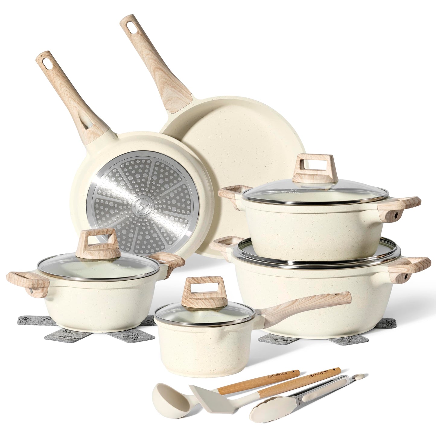 JUST PERFECTO Batería de Cocina 15 Piezas, Inducción y Sartenes Antiadherentes 24/28 cm, Ollas 28 cm, Libre de PTFE y PFOA, Beige