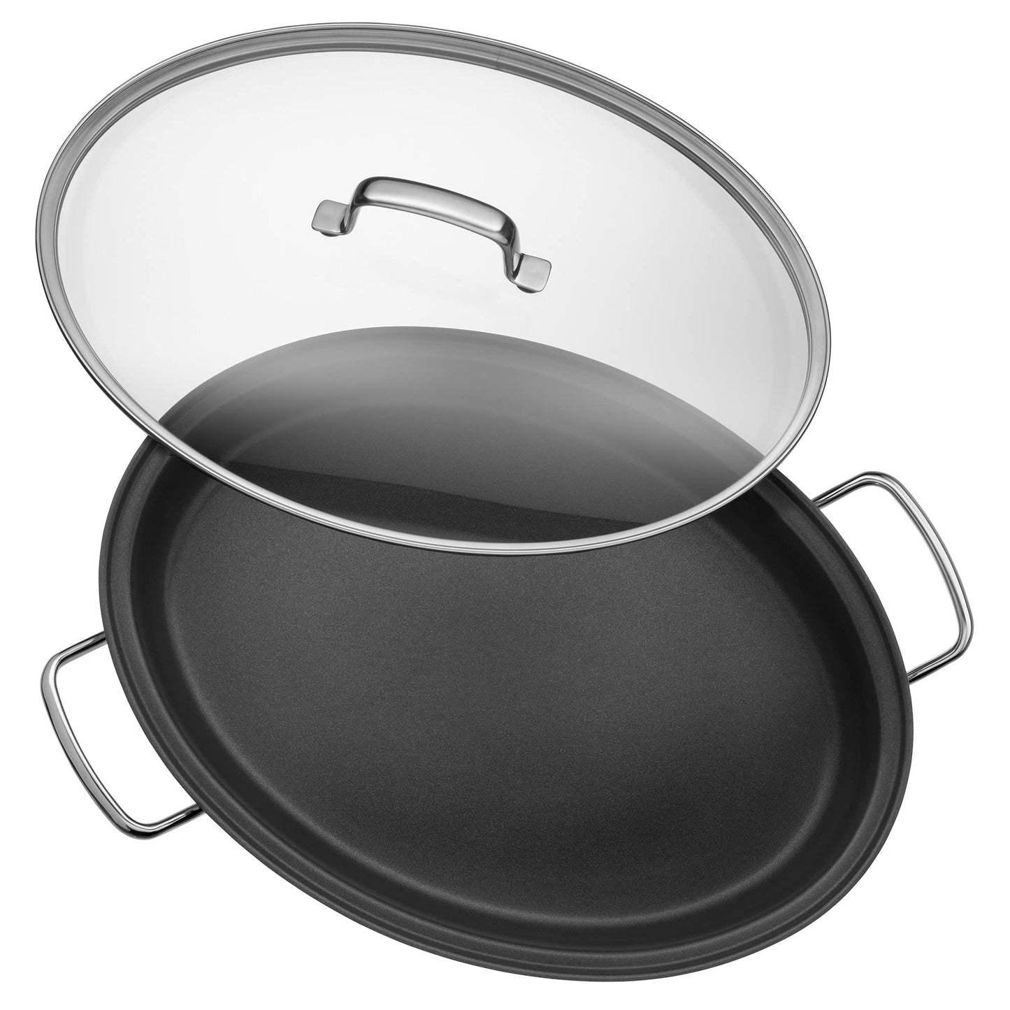 WMF Cacerola Baja Larga Oval 38 cm con Tapa Cristal, Acero Inoxidable Cromargan 18/10, Antiadherente, Apta Inducción y Horno, Diseñada en Alemania