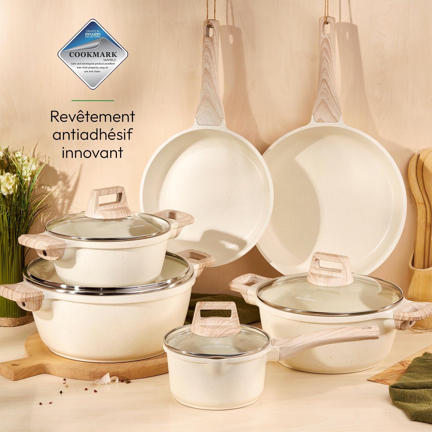 JUST PERFECTO Batería de Cocina 15 Piezas, Inducción y Sartenes Antiadherentes 24/28 cm, Ollas 28 cm, Libre de PTFE y PFOA, Beige