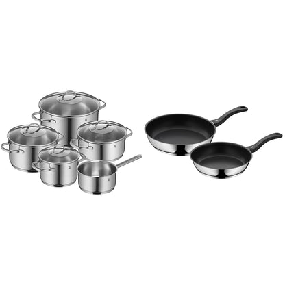 WMF Provence Plus Batería Cocina Acero Inoxidable Cromargan, Tapas Cristal + Set 2 Sartenes Devil 24/28 cm, Antiadherente, Inducción y Todo Tipo Cocinas
