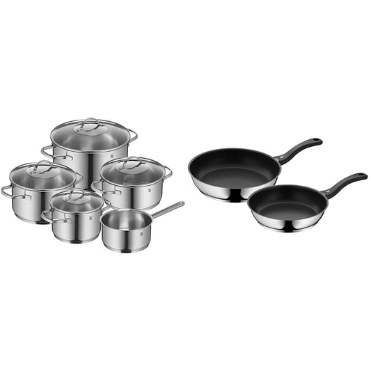 WMF Provence Plus Batería Cocina Acero Inoxidable Cromargan, Tapas Cristal + Set 2 Sartenes Devil 24/28 cm, Antiadherente, Inducción y Todo Tipo Cocinas
