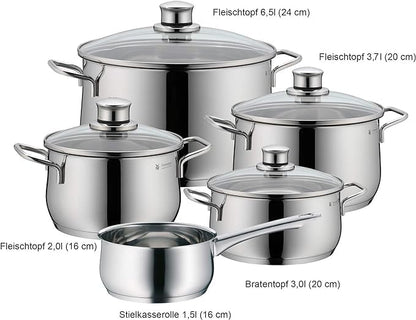 WMF Diadem Plus Batería de Cocina 5 Piezas, Acero Inoxidable, Inducción, Cacerolas 16/20/24 cm, Cacerola baja 20 cm, Cazo 16 cm con 4 Tapas Cristal