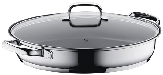 WMF Cacerola Baja Larga Oval 38 cm con Tapa Cristal, Acero Inoxidable Cromargan 18/10, Antiadherente, Apta Inducción y Horno, Diseñada en Alemania