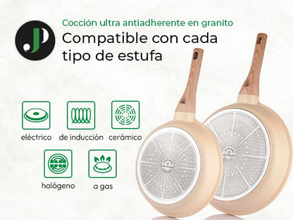 JUST PERFECTO Batería de Cocina 15 Piezas, Inducción y Sartenes Antiadherentes 24/28 cm, Ollas 28 cm, Libre de PTFE y PFOA, Beige