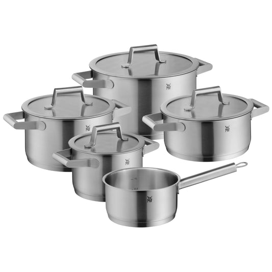 WMF Comfort Line Juego de Ollas 5 Piezas para Inducción, Acero Inoxidable Cromargan Mate, Tapas Cristal, Apilables, Escala, Sin Revestimiento