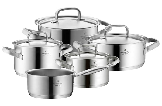 WMF Gourmet Plus Batería de Cocina 5 Piezas, Acero Inoxidable, Inducción, Cacerolas 16/20/24 cm, Cacerola baja 20 cm, Cazo 16 cm con 4 Tapas Acero