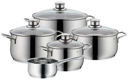 WMF Diadem Plus Batería de Cocina 5 Piezas, Acero Inoxidable, Inducción, Cacerolas 16/20/24 cm, Cacerola baja 20 cm, Cazo 16 cm con 4 Tapas Cristal