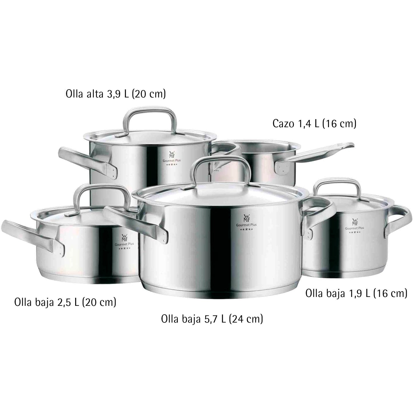 WMF Gourmet Plus Batería de Cocina 5 Piezas, Acero Inoxidable, Inducción, Cacerolas 16/20/24 cm, Cacerola baja 20 cm, Cazo 16 cm con 4 Tapas Acero