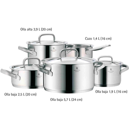 WMF Gourmet Plus Batería de Cocina 5 Piezas, Acero Inoxidable, Inducción, Cacerolas 16/20/24 cm, Cacerola baja 20 cm, Cazo 16 cm con 4 Tapas Acero