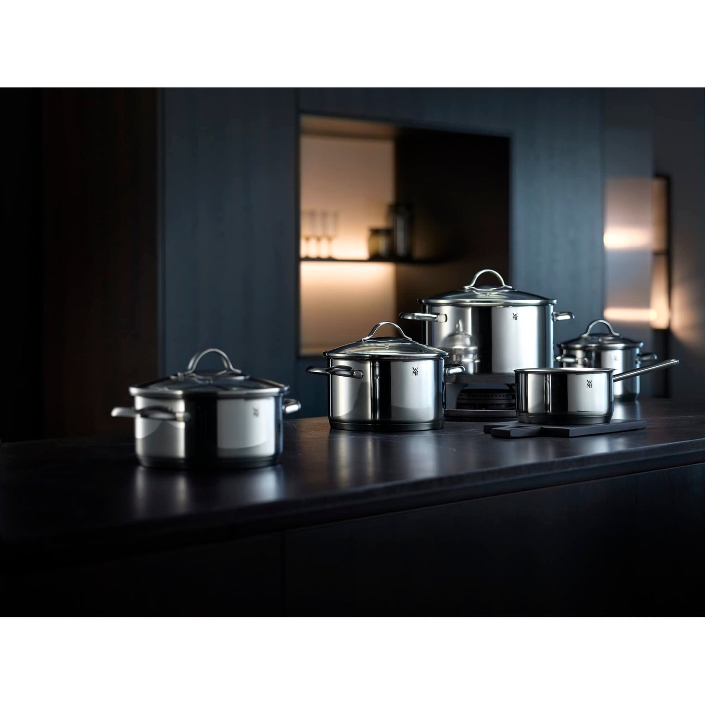 WMF Provence Plus Batería de Cocina 5 Piezas, Acero Inoxidable, Inducción, Cacerolas 16/20/24 cm, Cacerola baja 20 cm, Cazo 16 cm con 4 Tapas Cristal