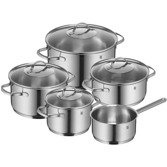 WMF Provence Plus Batería de Cocina 5 Piezas, Acero Inoxidable, Inducción, Cacerolas 16/20/24 cm, Cacerola baja 20 cm, Cazo 16 cm con 4 Tapas Cristal