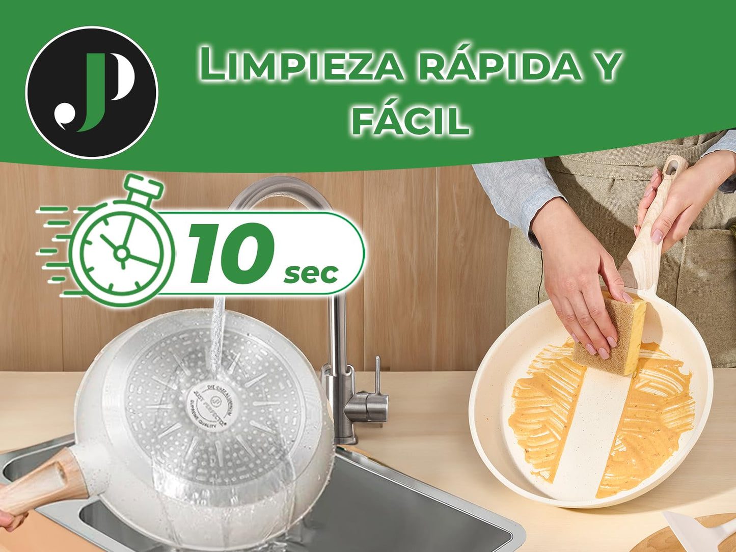 JUST PERFECTO Batería de Cocina 15 Piezas, Inducción y Sartenes Antiadherentes 24/28 cm, Ollas 28 cm, Libre de PTFE y PFOA, Beige