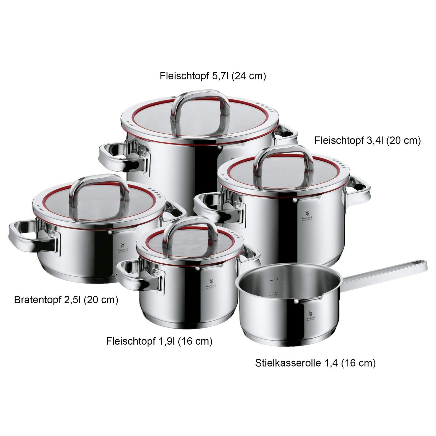 WMF Function 4 Batería de Cocina 5 Piezas, Acero Inoxidable, Inducción, Cacerolas 16/20/24 cm con Tapa y Cazo 16 cm