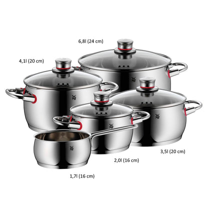 WMF Quality One Batería de Cocina 5 Piezas, Acero Inoxidable, Inducción, Cacerolas 16/20/24 cm, Cacerola baja 20 cm, Cazo 16 cm con 4 Tapas Cristal