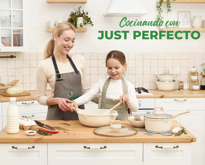 JUST PERFECTO Batería de Cocina 15 Piezas, Inducción y Sartenes Antiadherentes 24/28 cm, Ollas 28 cm, Libre de PTFE y PFOA, Beige