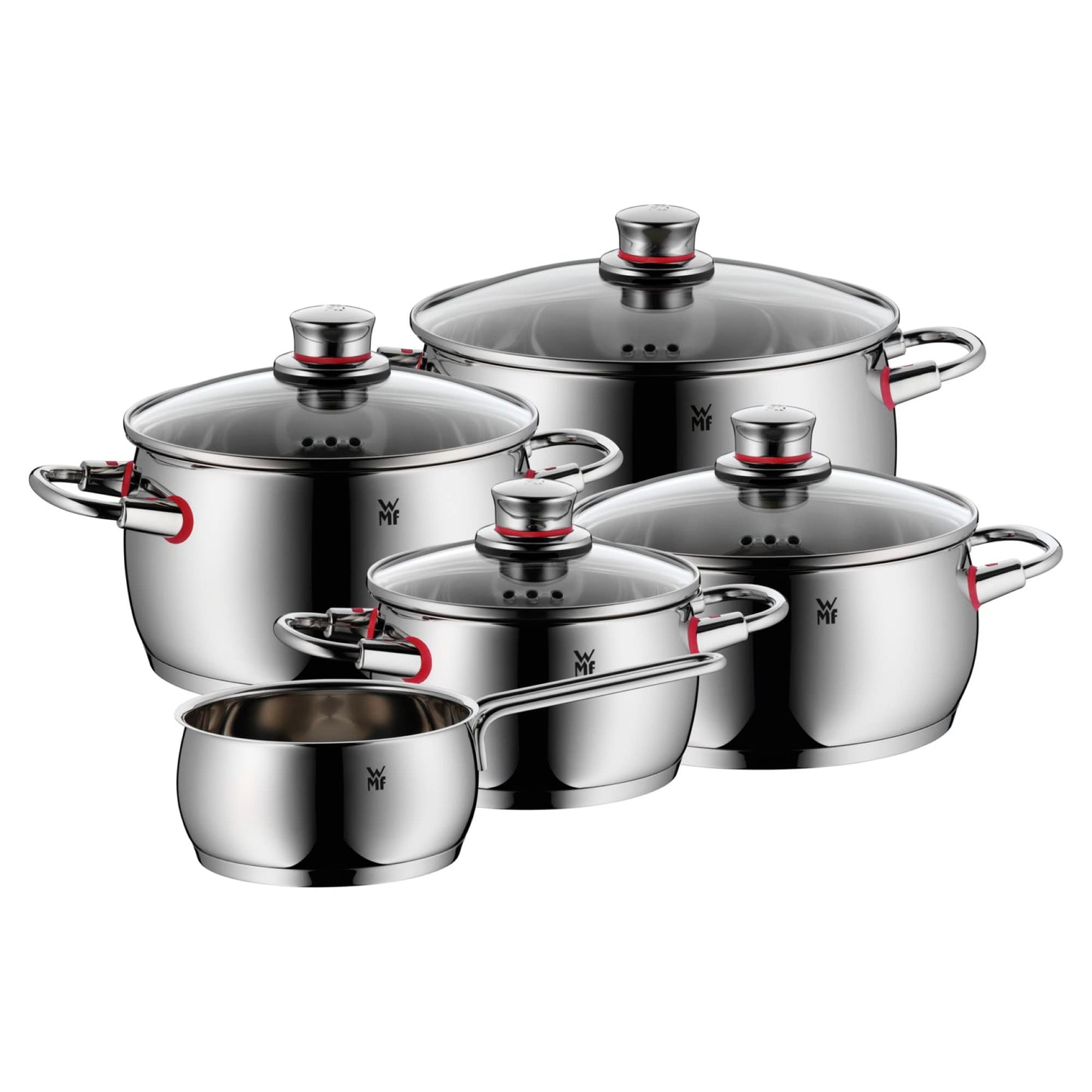 WMF Quality One Batería de Cocina 5 Piezas, Acero Inoxidable, Inducción, Cacerolas 16/20/24 cm, Cacerola baja 20 cm, Cazo 16 cm con 4 Tapas Cristal