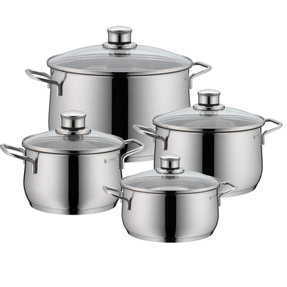 WMF Diadem Plus Batería de Cocina 4 Piezas, Acero Inoxidable, Inducción, Cacerolas 16/20/24 cm, Cacerola baja 20 cm con 4 Tapas de Cristal
