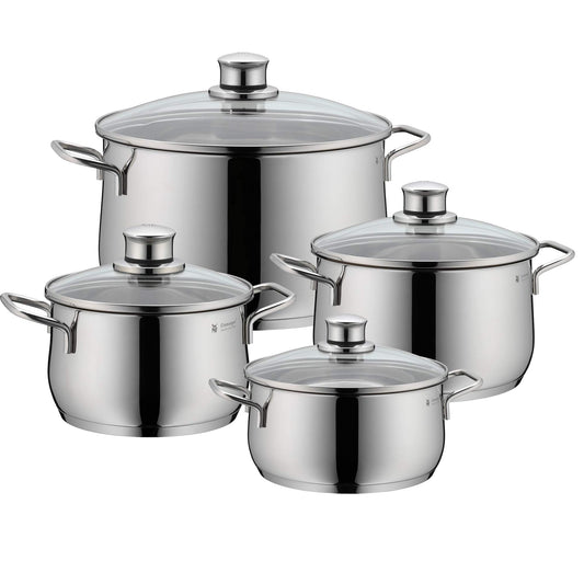 WMF Diadem Plus Batería de Cocina 4 Piezas, Acero Inoxidable, Inducción, Cacerolas 16/20/24 cm, Cacerola baja 20 cm con 4 Tapas de Cristal