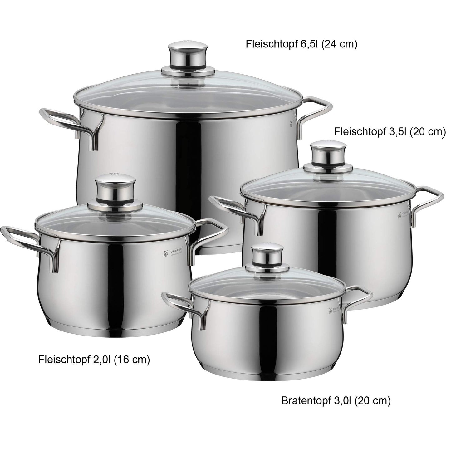 WMF Diadem Plus Batería de Cocina 4 Piezas, Acero Inoxidable, Inducción, Cacerolas 16/20/24 cm, Cacerola baja 20 cm con 4 Tapas de Cristal