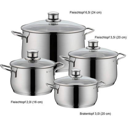 WMF Diadem Plus Batería de Cocina 4 Piezas, Acero Inoxidable, Inducción, Cacerolas 16/20/24 cm, Cacerola baja 20 cm con 4 Tapas de Cristal