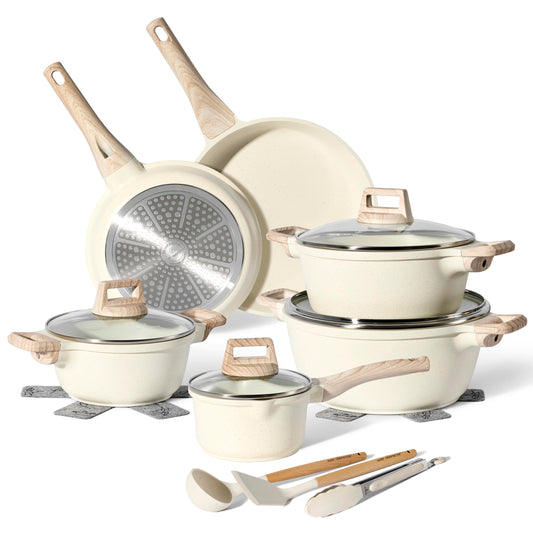 JUST PERFECTO Batería de Cocina 15 Piezas, Inducción y Sartenes Antiadherentes 24/28 cm, Ollas 28 cm, Libre de PTFE y PFOA, Beige
